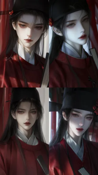 高级cg插画，伪厚涂，偏bjd（非bjd），油画质感，冷白皮。皮肤白皙。 画面整体冷白色调，面部白色光影打光，面部阴影感，光影过渡自然。 古风女，黑色长发（直发），头发多不凌乱，精致清冷妆容，黑色宋代官帽（幞头一侧簪着几朵红色花），黑色长发自然垂落。红色宋制绸缎官袍，状元郎，衣服上有细腻暗纹，浅灰白色胶领内衬。手里拿着一把折扇。 背景古风庭院走廊，红色丝绸。 清冷感，禁欲感，氛围感。 近距离上半身特写。