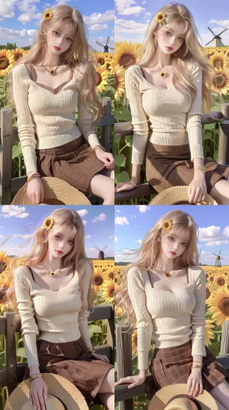 female, top quality, best quality, 8k, ultra-detailed, honey blonde long hair, sunflower hair clip, amber pendant necklace, thin gold bracelets, elegant well-proportioned figure, wearing cream knit sweater and brown plaid skirt, sitting on a wooden fence in a sunflower field, one hand holding a straw hat, other hand resting on knee, gaze straight at camera, endless sunflowers, blue sky, distant windmill, slight low angle, medium full shot, 2.5d semi-realistic painting style, thick paint rendering, semi-thick brush style, single character thick painting style, dynamic hair, bright golden afternoon light shining on the character.
