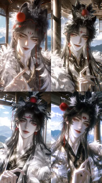 人物特征：古风美少年，黑色长发，古风高盘发，长发及腰，发丝蓬松，发量巨多，发丝带有真丝般柔顺光泽，两侧碎发（龙须刘海），头顶佩戴黑白羽毛发冠，点缀红色毛绒球、银色金属发簪，垂坠红色发带。冷白瓷肌，窄长鹅蛋脸，柔和v形下巴，骨感清冷美男，极度精细的双眼，细长狐狸眼，内勾外翘，微挑猫眼，扇形双眼皮。亚麻棕色通透瞳孔。深色平直野生眉，毛流感强。黑色粗眼线，眼尾极度上扬，下眼睑有粉红色微醺晕染，根根分明的浓密上下睫毛。冷白细腻肤质，眉心有三瓣红色花钿，高挺窄直鼻梁，鼻翼窄，淡粉色玫瑰水光薄唇，下唇饱满，仙鹤主题妆造。身穿白、金、黑相间的华丽古风汉服，带有大量白色羽毛装饰（仙鹤元素），气质妖异且仙气飘飘。 半身近景特写，微微靠近面部，正对镜头，头部微微向右倾斜，眼神直视镜头，嘴角带有温柔神秘的微笑，一只手抬起在胸前，食指微微向上指/轻捻。 高处古风木质楼阁内部，背景是辽阔的云海与连绵远山，明媚晴空。阳光倾洒入窗，仙侠意境，大气磅礴，电影级景深。强烈的明暗光影对比，柔和焦外，胶片质感，电影级构图。形成极具戏剧性的明暗对比。面部和发丝、部分衣服上有强烈的高光（过曝感），复古胶片质感，8k分辨率，情绪饱满。2.5d半写实cg质感，韩式厚涂，玻璃、金属、丝绸发丝、亚麻织物材质质感。