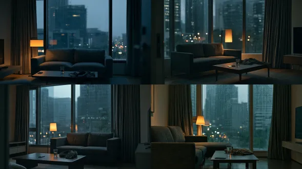 photorealistic cinematic establishing shot of a modest modern asian city apartment at deep night, contemporary romantic drama, camera at the living room entrance, eye-level wide shot, natural 35mm lens perspective. large floor-to-ceiling windows across the rear wall, rainy city buildings and sparse blurred traffic lights outside. charcoal gray fabric sofa beside the windows, low dark wood coffee table directly in front, single warm amber floor lamp beside the sofa, minimalist tv console against the side wall, dark gray curtains, apartment entrance visible at the rear side. smartphone, half-full water glass and casually discarded jacket on the coffee table. cool blue-gray window light contrasts with soft amber lamplight, subtle rain streaks on glass, realistic shadows and reflections, muted colors, quiet loneliness after an argument, authentic lived-in details, natural materials, realistic architectural proportions, restrained cinematic color grading, subtle film grain, professional live-action film location photography, clear spatial layout, one complete interior environment