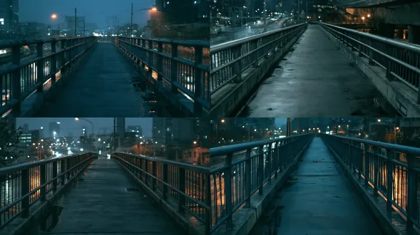 d01 urban pedestrian overpass. photorealistic live-action cinematic environment for the music video too late to stay, contemporary asian urban romance film, an ordinary pedestrian overpass in a modern asian city at late night after rain. wide establishing shot from one end of the bridge, eye-level camera, natural 35mm film lens perspective. a realistic dark gray concrete walkway with simple metal railings, subtle signs of wear, nonslip pavement and scattered shallow puddles. the bridge extends naturally into the distance, parallel railings create strong leading lines. clear foreground pavement texture, detailed railings in the middle ground, urban roads and sparse moving traffic visible below, distant buildings with a few illuminated windows. realistic bridge dimensions, believable architectural engineering, spacious unobstructed walkway for future scenes of characters walking, waiting, turning and passing each other. cool blue-gray night atmosphere, subtle warm amber streetlights, softly blurred vehicle lights, restrained reflections on wet concrete, physically accurate materials and lighting, natural shadow falloff, muted cinematic color grading, quiet loneliness and emotional distance, understated contemporary asian independent film aesthetic, realistic exposure, subtle film grain, natural depth of field, professional location scouting photography. one complete continuous environment, single camera angle, horizontal widescreen composition. no people, no silhouettes, no text, no logos, no watermark, no collage, no split screen, no futuristic architecture, no cyberpunk, no neon, no exaggerated light beams, no thick fog, no stage smoke, no mirror-like ground, no floating structures, no distorted perspective, no artificial cgi appearance, no cartoon style, no tourist advertisement aesthetic.
