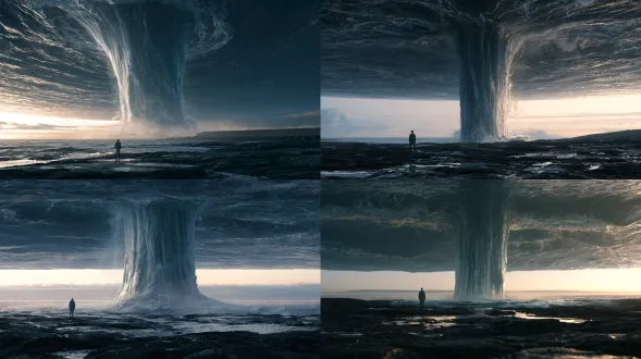 ultra-photorealistic cinematic wide environmental reference of the same remote black-rock coastline beneath the same enormous inverted ocean at blue-hour dawn. a single massive, uninterrupted column of real seawater flows vertically upward from a fixed point on the shoreline into the suspended ocean above, forming a clear continuous spatial axis through the center of the composition. the water column is thick, heavy and physically convincing, with layered transparent sheets, turbulent internal currents, realistic surface tension, suspended droplets, subtle foam, fine sea mist and natural refraction. the stream visibly connects the lower ocean shore to the upper inverted sea, with no gap between the water and either surface. a tiny solitary man in the same long charcoal-gray overcoat stands behind and slightly to the left of the water column, viewed from behind, occupying less than 5 percent of frame height. keep the distant horizontal horizon clearly visible and stable in the lower half of the frame. deep navy water, pearl-silver highlights, restrained champagne-gold dawn rim light, black wet volcanic rocks, realistic atmospheric haze, enormous sense of scale, quiet poetic impossibility, grounded natural physics, large-format live-action cinematography, wide 35mm lens, clean spatial geometry, no additional waterfalls, no branching streams, no magical energy, no portal, no architecture, no extra people, no text, no watermark