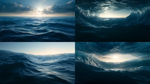an immense inverted ocean suspended across the dawn sky, viewed from beneath its colossal translucent water mass, vast deep abyssal blue seawater stretching across the entire widescreen frame, immense curved liquid volumes, layered transparent water, naturally flowing wave formations, silver-blue refraction, soft volumetric dawn rays penetrating through the water, distant pale champagne-gold horizon, monumental scale, deep atmospheric perspective, realistic fluid optics, subtle cinematic contrast, sophisticated live-action cinematography, 24mm wide-angle lens, mysterious poetic atmosphere, the ocean is the sole subject, no animals, no whales, no people, no buildings, no seabed, no rocks, no text, no logos