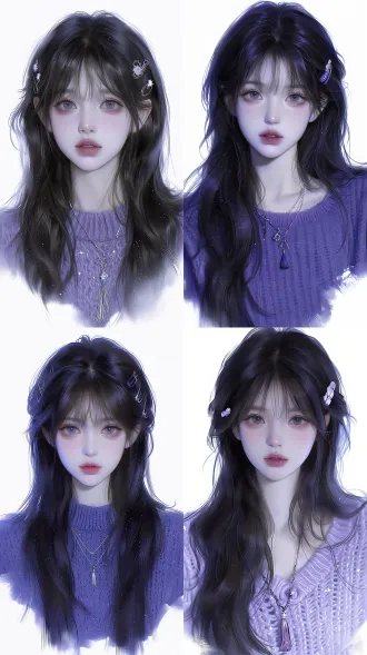 realistic style, a young cute girl, long black hair, cute hair clips on hair, glossy bean paste lips, delicate makeup, natural eye color, handsome and lovely, natural starry purple knit sweater, tassel necklace, subtle soft lighting, blended wash brush strokes, 8k ultra-detailed, exquisitely rendered, glossy moist lips, cool pale skin, rim light on hair edges, bust close-up shot, looking straight at camera, plain white background