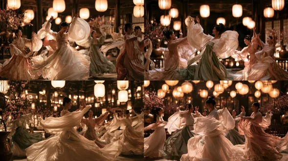 medium-wide shot of a group of adult chinese women in song-dynasty hanfu dancing gracefully in a candlelit courtyard pavilion, silk robes in soft ivory, pale green, dusty rose and gold swirling with movement. warm paper lanterns hang overhead, casting golden light. peach blossoms in bronze vases. joyful faces, hands raised in blessing, some holding silk sashes. low wooden railings and lattice windows behind. live-action wuxia film still, natural skin texture, soft highlight roll-off.