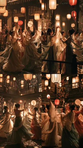 a cinematic photorealistic vertical composition of at least six elegant chinese women in authentic song-dynasty hanfu dancing and blessing in a candlelit courtyard at night, arranged to fill a tall portrait frame: in front a woman lifts a glowing immortal peach, one raises a red lantern, one holds up a wine cup, one waves a round silk fan, while two more graceful maidens swirl behind with flowing silk sashes. embroidered sleeves and skirts swirl, real silk robes in ivory, pale jade-green and soft crimson catch the warm glow of hanging paper lanterns, peach blossoms in bronze vases, wooden railings and lattice windows. warm golden key light, soft shadows, shallow depth of field, subtle film grain, natural skin, 35mm anamorphic. they turn toward camera radiating joy and laughter; slow fluid motion, no cuts.