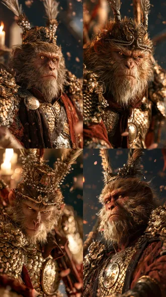 portrait of the iconic monkey king, refined human-like deity face with a short dignified muzzle, golden eyes gleaming with mischief and courage, playfully heroic expression with roguish charm, neatly groomed golden-brown fur, theatrical opera styling, twin phoenix-wing crown with two upward-curving wing tips on each side inlaid with pearls, golden scale armor with beast-face shoulder guards and round chest mirror, dark red war robe with stand-up collar and wide sleeves, three-quarter body to camera, upper-body close-up, soft warm candlelight from the left, vermilion and gold palette on deep indigo ground, falling peach petals, classic chinese mythology screen aesthetic, idealized legendary hero look, single person only