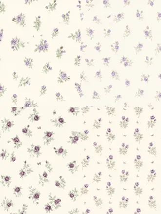 无缝循环小碎花图案，精致手绘的淡紫色小玫瑰枝丫与单枚花苞，低饱和度浅鼠尾草绿叶，零星点缀微型小蝴蝶结装饰，柔和浅米白底色，温婉低饱和马卡龙配色，复古甜美的田园少女风，淡素描水彩质感，均匀散点排布，适用于纺织面料与墙纸纹样，柔和哑光质感，无多余元素