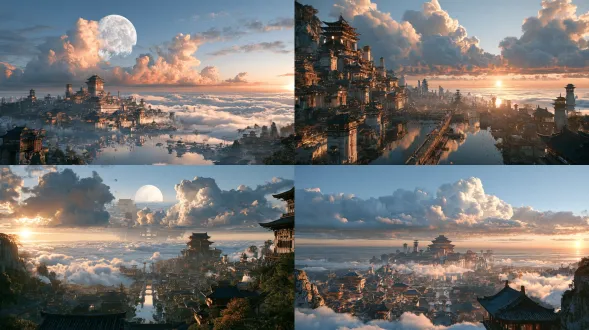 a palace district half-submerged: lower half is grand architecture, upper half is its mirror in a cloud-sea sky, folding reality, surreal xianxia dreamscape, misty gradient, elegant negative space, award-winning fantasy art