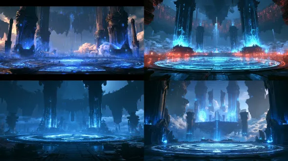 xianxia sect tournament arena with a giant glowing spirit-array circle on the floor, low angle view, towering enchanted pillars emitting blue spirit light, floating arena walls in clouds, mystical runes, surreal cultivation battle ground, cinematic, dramatic