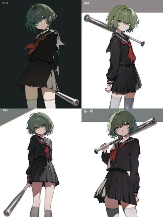 emerald green hair，短发，emerald green eyes，黑色水手服上衣，红色领带，黑色校服短裙，白色小腿袜，金属球棍，眼神凌厉，黑眼圈，背光，日系插画风格