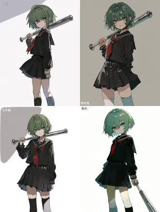 emerald green hair，短发，emerald green eyes，黑色水手服上衣，红色领带，黑色校服短裙，白色小腿袜，金属球棍，眼神凌厉，黑眼圈，背光，日系插画风格