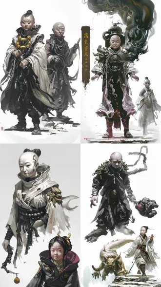 将两个形象变得更加诡异 同时保留神圣感，生成人物游戏概念图，只要两个人物，采取厚涂风格