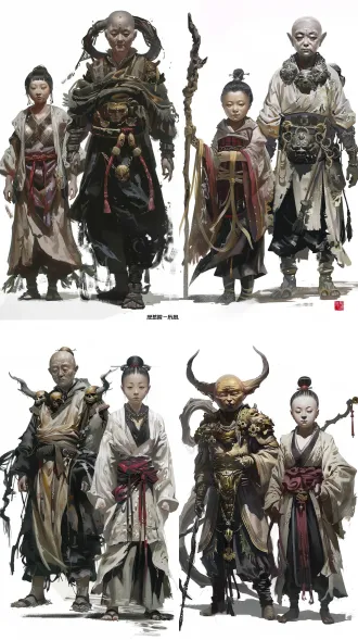 将金童玉女变得更加诡异 同时保留神圣感，生成人物游戏概念图，只要两个人物的正面图，采取厚涂风格，两个人物一男一女