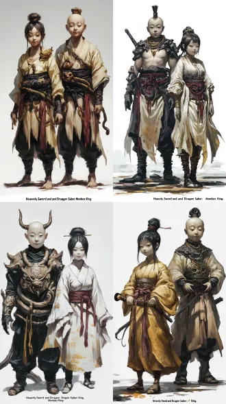 将金童玉女变得更加诡异 同时保留神圣感，生成人物游戏概念图，只要两个人物的正面图，采取黑神话悟空厚涂风格，两个人物一男一女，身高一致，同样矮小，金童玉女的形象严格根据参考图片