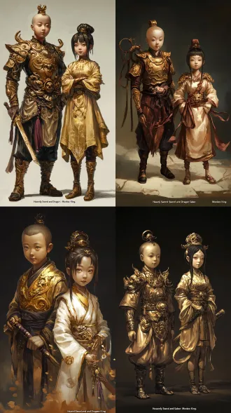 将金童玉女变得更加诡异 同时保留神圣感，生成人物游戏概念图，只要两个人物的正面图，采取黑神话悟空厚涂风格，两个人物一男一女，身高一致，同样矮小，金童玉女的形象严格根据参考图片