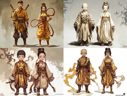 将金童玉女变得更加诡异 同时保留神圣感，生成人物游戏概念图，只要两个人物的正面图，采取黑神话悟空厚涂风格，两个人物一男一女，身高一致，同样矮小，金童玉女的形象严格根据参考图片