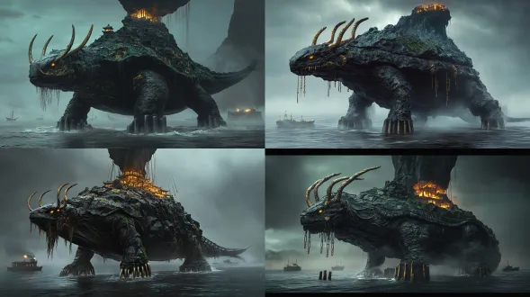 imagine prompt: an original colossal mythic leviathan, a fusion of shanhaijing beast and ancient eastern sea deity, body like a black mountain range, shell covered in wet rock, barnacles, bronze runes, moss and ancient erosion, massive turtle-dragon-whale hybrid head, three curved antler-like horns with broken chains hanging from them, glowing algae whiskers, dark golden sea-eyes containing tidal light, four pillar-like legs stepping through a dark ocean, sea surface sinking under each step, an inverted mountain hanging above its back, submerged temple ruins and cold fires inside the mountain belly, heavy sea mist, low horizon, tiny ancient ships and distant lighthouse for scale, epic scale, solemn and oppressive atmosphere, photorealistic mythic creature, cinematic wide angle, low angle view, dramatic overcast light, muted iron-grey, deep teal and cold gold palette, hyper-detailed, 8k, masterpiece, concept art, unreal engine rendering, physically based materials, volumetric fog, no anime, no cartoon, no chibi, no manga style