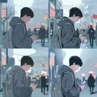 一个男孩拿着手机在大街上边走边刷抖音