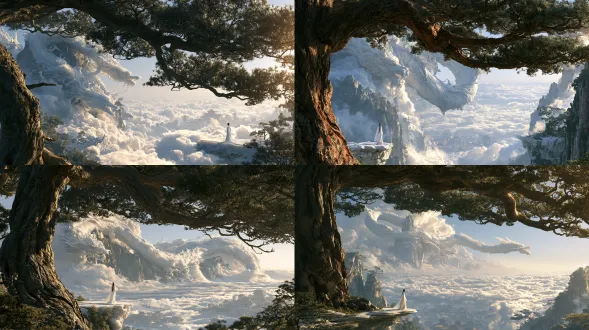 epic oriental xianxia fantasy cinematic environment, eye-level wide shot, 70mm medium telephoto lens, thick ancient pine trunk entering frame from left, massive horizontal pine boughs covering top one-third of frame, giant white jade dragon coiled atop cloud mountain peak behind pine, dragon body spans mountain ridge, single white-robed figure standing on edge of lower white jade platform, figure occupies ~3% frame height, vast unbroken sea of clouds in center, low contrast distant heavenly palace rooftops for depth anchor, warm morning sunlight from right side lighting pine branches and jade dragon, serene vast chinese myth epic scene, movie matte painting, environment design, cinematic atmosphere, atmospheric mist, hyperdetailed, depth of field