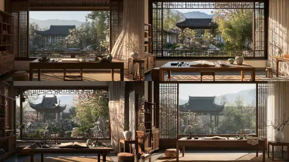 photorealistic architectural interior photograph, traditional chinese song dynasty scholar's studio, interior eye-level medium-wide view. a dark walnut lattice window, slightly off center, frames a jiangnan courtyard with a pavilion, dark tiled eaves, ornamental rocks, flowering magnolia, bamboo, and distant blue-gray mountains. inside: an elmwood writing desk holds an open thread-bound book, inkstone, calligraphy brushes, celadon water vessel, and folded silk. a side table supports a white porcelain vase with plum branches; wooden bookshelf, woven stool, rush mat, and translucent silk curtain enrich the space. soft morning sunlight enters diagonally, casting crisp lattice shadows across desk, floor, and ceramics. palette: ivory plaster, natural walnut, pale jade green, muted coral pink, mineral blue-gray, restrained vermilion. realistic materials, detailed wood grain, distinct porcelain glaze, balanced asymmetry, natural exposure, documentary interior photography, high dynamic range, true-to-life textures, medium-format camera look, no painterly effect, no cg look