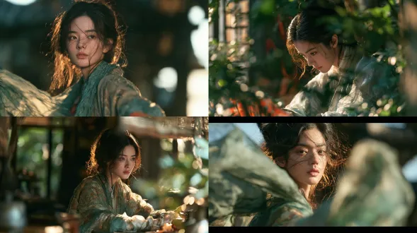 song-dynasty naturalistic cinematic photography, [chinese character, elegant song-inspired attire, specific action] in [authentic setting]. refined translucent silk gauze, layered muted jade and stone-teal fabrics, subtle warm accents. real directional sunlight filtered through [foliage/window], delicate golden hair rim light, natural dappled shadows, soft sky fill. deep forest greens, cool blue-green shadows, rich dark tones, soft midtones, luminous creamy highlights. sharp expressive eyes, natural skin texture, precise gestures, layered optical depth, creamy bokeh at frame edges, fine film grain. poetic chinese negative space, graceful movement, atmospheric realism, elegant song aesthetics, no artificial glow, no face obstruction