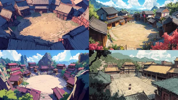 帮我生成2d俯视角欧美漫画风格，华山论剑式的比武擂台场景.空旷一些，房子少一点
