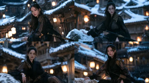 young east asian woman, high tied black long hair, a few stray hair blowing gently, calm and quiet eyes, wearing black sheer translucent wuxia ancient top with subtle dark texture, gilded feather-shaped metal ornament on shoulder, matching black sheer slit long skirt, black scabbard long sword with exquisite gilt carvings at waist, one hand resting lightly on snow-covered rock. background: ancient chinese wooden buildings, snow piled on upturned eaves, warm glowing lanterns, snowflakes slowly falling in air. medium shot, slight high angle, night scene, cool blue ambient main light, soft warm bounce light from lanterns, cold-warm light contrast, thin mist with floating snow particles, japanese naturalistic cinematic photography, realistic skin and gauze fabric texture, volumetric snow, natural depth of field