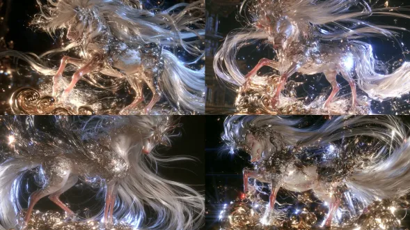 3d cg render, 8k ultra‑high definition, cinematic lighting, pbr material, full‑body shot, a tall steed with pig face, long pink slender horse legs, horse body carved with delicate auspicious cloud patterns, flowing extra‑long white mane, standing on curled golden cloud‑pattern base, deep pure black background, volumetric light, ultra‑rich fine details, strong metallic reflection, epic atmosphere