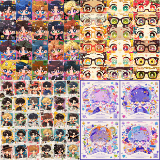 随机背景， 自适应背景。满屏。大眼睛 chibi 正太，clamp感，古早画风，极致线条，流畅线条，商业线稿。随机主题。随机套装，随机元主题，甜丧，粉嫩腮红，亮晶晶星星大眼睛，还有随机配套小元素：手绘质感，柔和配色，自适应颜色，随机配色。干净平涂，精致描边，手帐贴纸，高细节，治愈软萌，高清。uhd，8k，流畅线条，极致线条，完整度，盐系。大师级排版，大师级配色。极繁主义，搭配星星、爱心、贴纸、icon等元素风格定位：融合1980年代复古与韩国搞怪风格，大胆的裁剪设计服装、形象整体看起来时尚、有趣且充满活力，包含日常生活、大头贴、自拍、故事照。细节细腻，风格清新。画面清晰。质感，肌理感，梦幻的，杰作，极具视觉冲击力，获奖作品，高细节，高级感，超高清。 马蒂斯配色 ，ins、高清 潮流 极繁主义 各式装饰点缀 大胆想象 。[禁止文字、禁止英文、禁止边框】