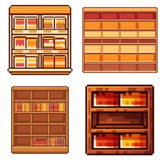 做个货柜，【像素风便利店货架底卡】保持原有【复古8bit像素画风】和空货架结构，新增商品贴纸统一为【可爱像素贴纸】，贴纸元素参考底卡中已有的【暖红、橙黄、木棕、白色描边】，摆放于空货架格位内，大小适合格位，不遮挡货架边框，整体像同一套贴贴本素材。