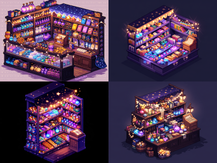 这是一个像素风的rpg游戏商店场景界面。16-bit像素风，等距视角（isometric view），具有空间深度和立体感。一个神秘可爱的魔法小店，主色调是明亮温暖的紫色、星空蓝和金色。 （核心更改）：画面中是一个多层的深色木质展示柜，柜子有厚度和透视感。柜子上密密麻麻、错落有致地堆满了各种像素风的商品：五颜六色的魔法药水瓶、发光的魔法书、水晶球、魔杖、魔法卷轴。 商品之间有遮挡关系，显得货源充足。货架边缘挂着发光的小串灯，顶部有带星光图案的遮阳棚，旁边放着一个木制收银台。 明亮的光影效果，物体有真实的投影（不是漂浮的），色彩鲜艳饱和，画面细节丰富，极具商业插画质感。【不要文字，不要大边框】