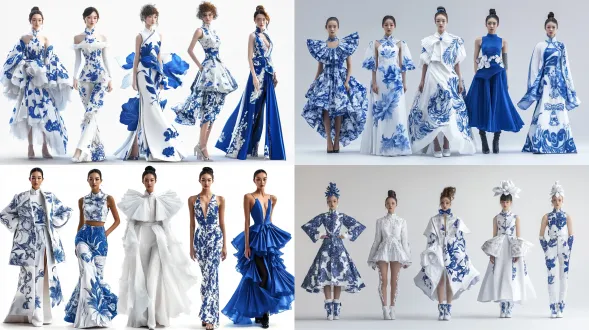 chinese-style fashion design competition entry, top-tier haute couture collection, inspired by blue-and-white porcelain. five complete looks with unified style, in one single image, pure white background. color palette: pure white as the base, accented with klein blue and cobalt blue. no flat prints. transform lotus scroll motifs, ice-crackle glaze, and porcelain sheen into heavy 3d embroidery, 3d jacquard, and laser-cut cutouts. emphasize architectural silhouettes and 3d sculptural details. five specific looks: look 1: deconstructed trench coat with exaggerated 3d shoulders and blue-white floral embroidery, paired with wide-leg trousers; look 2: white bustier mini dress with giant 3d porcelain petal sculptural applique; look 3: asymmetric layered stiff tulle gown with ice-crackle glaze texture; look 4: oversized cape coat in blue-white floral jacquard, paired with slim leather pants; look 5: cobalt blue origami-like pleated deconstructed long dress. extreme material contrast (heavy silk, stiff tulle, leather), cold elegant models, studio lighting, harper's bazaar editorial style, no text, no watermark, no logo, 8k, ultra-detailed,
