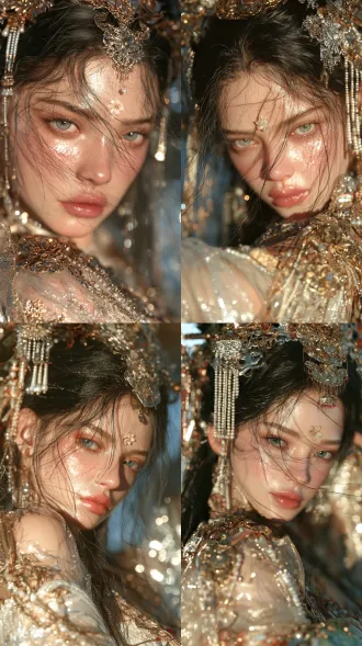 masterpiece, best quality, 8k, ultra-detailed, 1 beautiful ancient chinese fairy girl, soft delicate face, glowing translucent skin, long flowing black hair with wispy stray hairs, elaborate ancient chinese hair ornaments, pearl tassels, filigree gold silver hairpin, forehead flower bindi, luxurious hanfu, sheer translucent gauze fabric, gold carved ornaments, pearl chains, delicate embroidery, soft rim light, dreamy god rays, tyndall effect, volumetric light, backlight, soft bokeh, sparkling glimmer particles, shallow depth of field, cinematic shot, close-up portrait, ethereal atmosphere, soft color grading, misty haze, photorealistic 3d render, octane render, soft focus, delicate blush, gentle eyes, graceful, elegant, fantasy chinese mythology