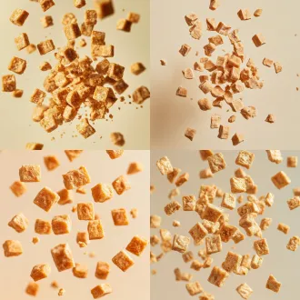 top view, many square chicken freeze-dried cat food falling slowly from the top, tiny crumbs, soft studio light, light beige solid background, slow motion, clear grain texture, realistic commercial food shot, shallow depth of field, clean, 8k