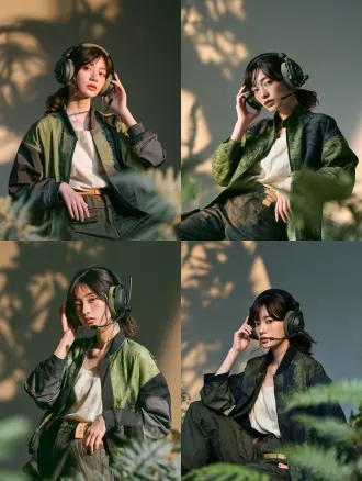 一张真实电影摄影质感的现代都市女性角色定妆照，电竞元素与森系审美自然融合，3:4竖幅，单人、膝上中景。摄影机高约1.5米，85毫米人像镜头近乎平视，人物以三分之四侧身居中，面部、耳机与服装层次清楚可见；画面边缘少量虚焦蕨叶形成前景，周围约30%空间保留暖灰背景与淡淡植物投影。一位约25岁的成年东方女性，深棕色松散低马尾，额前自然碎发，清晰眉眼、自然肤色与少量浅雀斑，妆容清透；她刚刚将电竞耳机调整到位，右手轻触耳罩下缘，左手自然垂落，肩颈放松，目光落在镜头旁稍远处，神情专注。身穿苔藓绿与炭黑拼接的短款电竞队服外套，竞技剪裁、窄立领、清晰的肩部接缝，布面带细密低对比蕨叶纹理；内搭奶油白棉麻上衣，下穿深橄榄色工装长裤，腰间少量浅棕皮革细节，服装精致但装饰克制。头戴专业包耳式电竞耳机，磨砂炭黑耳罩、苔绿色细节、软质织物耳垫，细长麦克风杆停在嘴角旁，只有一处低亮度绿色状态灯，设备比例与佩戴结构真实。暖灰摄影棚无缝背景，边缘真实绿植轻微虚化；左上方大面积柔光模拟林间漫射日光，右侧柔和反射补光，面部阴影自然，耳机与衣料保留清晰轮廓，苔绿、奶油白、木棕与炭黑形成低饱和邻近色调。arri alexa mini lf、85毫米镜头、细微胶片颗粒，真实演员与实物服装，皮肤毛孔、细微绒毛、发丝自然反射、棉麻织纹、技术面料与皮革的粗糙度差异、耳机磨砂外壳及真实接触阴影，画面中不出现任何可读文字。