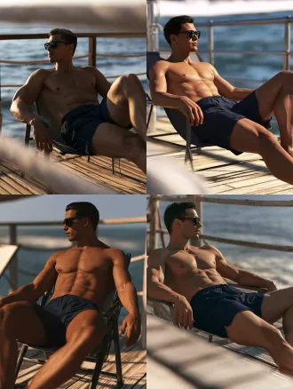 photoreal cinematic character still of an adult man, vertical 3:4, one person, full-body composition showing the complete reclining chair. camera approximately 1.2 meters high, 50mm lens, three-quarter view from beside and slightly in front of the chair, softly defocused wooden decking in the foreground and approximately 30 percent surrounding ocean and atmospheric space. a man about twenty-eight years old, 1.85 meters tall, lean and firmly athletic, natural shoulder, back and abdominal definition, warm wheat-toned skin, short black hair brushed backward, a clean jawline, dark-brown eyes and a small old scar at the outer end of his right eyebrow. black sunglasses, with the eyebrow scar still discernible above the frame. he has just turned his head slightly toward something outside the frame while remaining relaxed against the chair, shoulders lowered, one hand resting on an armrest, legs naturally extended, calm facial composure. his only garment is a pair of ink-navy swim shorts with believable fabric, waistband and seams. barefoot, carrying no weapon. a simple reclining chair on a seaside wooden deck, softly blurred ocean and railing beyond. afternoon daylight from above one side, warm reflected fill from the decking, natural skin color, readable dark shorts and black sunglasses with physically credible environmental reflections. arri alexa mini lf, 50mm optical rendering, subtle fine film grain, real actor and practical clothing; skin pores, fine natural hair, natural tonal variation, hair reflections, woven shorts, wood grain and believable chair deformation under his weight.