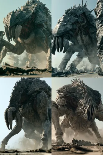 photoreal live-action giant creature film still, 2:3 vertical. camera below knee height, almost touching the ground, 24mm full-frame ultra-wide, strong low angle, horizon pressed to the bottom edge, extreme near-large far-small perspective; the frame holds its forelimb and neck-chest high center, the top of its head runs off the top edge, one foot is partly hidden behind a defocused slab of torn asphalt, subject fills roughly seventy percent, the rest is dust-filled sky as negative space. only one giant quadruped arthropod creature, only its front section in frame. build is a fast-striking predator: very deep chest, tight waist, long lean limbs, not a bloated brute; four-legged, forelimbs slightly longer than hind, three segments per limb, main load-bearing joints set high, an insect structure scaled to the extreme; a bony ridge runs from the back of the neck along the spine lined with irregular thorn-like spurs, the largest sitting above the shoulder. back plates are layered dark grey-black keratin with fine cracks and dry dust, dark red hide visible in the gaps between plates; the belly and under-neck carry rough unplated hide with vertical folds, damp but not reflective. wedge-shaped head, mouthparts at the front made of four vertical split flaring jaw petals, dark red inside; no eyes anywhere on the head. the pose is the instant just after landing from a height, forelimbs just planted, movement not yet begun, long neck muscles taut, head held low. light from camera-left rear and high, one hard cold white daylight source, no fill; the keratin plates split into a lit half with a wide soft cold reflection and a shadow half held by cold sky bounce, the dark red hide in the plate gaps still readable in the deepest shadow; cracked asphalt and ground debris bounce cold grey up into its lower jaw; each landed foot kicks an expanding dust ring that catches the light as volumetric shafts, particles hanging and slowly tumbling. real keratin plate, real damp rough hide, real asphalt rubble, real dust, practical creature effects blended into live-action plate, arri alexa mini lf, 24mm lens, cool desaturated grade, fine natural film grain, large-format giant-scale light reminiscent of greig fraser on dune, layered haze after roger deakins on sicario. no cgi, no 3d render, no game still, no plastic or rubber look, no bipedal stance, no human posture, no wings, no spiked or hammered tail tip, no big cute eyes, no mammalian features, no glowing eyes, no iridescent shell, no game-style glowing patterns, no large gold or purple areas, no full city visible, no duplicate creature, no neon, no warm light, no readable text, no logo, no watermark