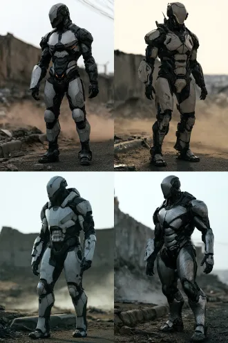 photoreal live-action sci-fi full-body character still, 2:3 vertical. camera at chest height, 35mm lens, eye level, full body fully in frame with a little space above the head and below the feet, three-quarter rule placement slightly right of center, the left side of frame holds open cold grey sky and an out-of-focus ruined city wall, negative space about half the frame. foreground: a defocused broken curb and drifting dust. only one figure, full-body, front three-quarter. human proportions, about 190cm, shoulders roughly three heads wide, limbs long and lean, stance unforced: feet shoulder-width, weight slightly back on the right foot, arms hanging at the sides with lightly bent elbows, a natural small weight shift, as if just landed and reading the distance. full-coverage exoskeleton worn over a human silhouette; plates are matte brushed titanium with fine even horizontal brushing, reflections wide and soft with unsharp edges; joints read as dark sintered ceramic, grainy and non-reflective; hair-thin amber glow inside the seams only, no spill, no bloom. the outer left forearm carries one asymmetric beveled plate a third thicker than the right arm, with one old scratch, the only wear on the shell; two short fin-like heat vanes rise from either side of the spine and end just below the nape, slightly flared. light from camera-left rear at forty-five degrees, one hard cold white daylight source, no fill; the left edge of the plates takes a wide soft cold rim while the right side drops into grey shadow; cold asphalt bounce lifts the underside so the metal keeps its structure; real contact shadow under the feet, debris and dust pressed into a small rolled edge beside his boots. background is a hazy low-contrast ruined city wall under flat cold overcast, softly thrown out of focus. real brushed titanium, real sintered ceramic, real asphalt, real dust, practical on-set armor, arri alexa mini lf, 35mm lens, cool desaturated grade, fine natural film grain, large-format daylight realism reminiscent of greig fraser on dune. no cgi, no 3d render, no game still, no plastic, no chrome, no carbon-fiber weave, no bulky mech proportions, no heroic muscle exaggeration, no posing, no hero light, no full-body glow, no glowing runes, no mouth opening on the mask, no glowing eyes, no duplicate character, no neon, no warm light, no readable text, no logo, no watermark