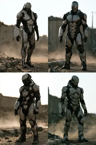 photoreal live-action sci-fi full-body character still, 2:3 vertical. camera at chest height, 35mm lens, eye level, full body fully in frame with a little space above the head and below the feet, three-quarter rule placement slightly right of center, the left side of frame holds open cold grey sky and an out-of-focus ruined city wall, negative space about half the frame. foreground: a defocused broken curb and drifting dust. only one figure, full-body, front three-quarter. human proportions, about 190cm, shoulders roughly three heads wide, limbs long and lean, stance unforced: feet shoulder-width, weight slightly back on the right foot, arms hanging at the sides with lightly bent elbows, a natural small weight shift, as if just landed and reading the distance. full-coverage exoskeleton worn over a human silhouette; plates are matte brushed titanium with fine even horizontal brushing, reflections wide and soft with unsharp edges; joints read as dark sintered ceramic, grainy and non-reflective; hair-thin amber glow inside the seams only, no spill, no bloom. the outer left forearm carries one asymmetric beveled plate a third thicker than the right arm, with one old scratch, the only wear on the shell; two short fin-like heat vanes rise from either side of the spine and end just below the nape, slightly flared. light from camera-left rear at forty-five degrees, one hard cold white daylight source, no fill; the left edge of the plates takes a wide soft cold rim while the right side drops into grey shadow; cold asphalt bounce lifts the underside so the metal keeps its structure; real contact shadow under the feet, debris and dust pressed into a small rolled edge beside his boots. background is a hazy low-contrast ruined city wall under flat cold overcast, softly thrown out of focus. real brushed titanium, real sintered ceramic, real asphalt, real dust, practical on-set armor, arri alexa mini lf, 35mm lens, cool desaturated grade, fine natural film grain, large-format daylight realism reminiscent of greig fraser on dune. no cgi, no 3d render, no game still, no plastic, no chrome, no carbon-fiber weave, no bulky mech proportions, no heroic muscle exaggeration, no posing, no hero light, no full-body glow, no glowing runes, no mouth opening on the mask, no glowing eyes, no duplicate character, no neon, no warm light, no readable text, no logo, no watermark