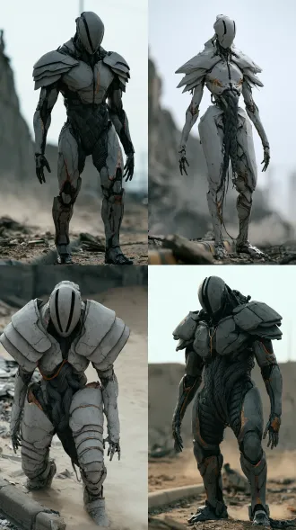 photoreal live-action sci-fi full-body character still, 2:3 vertical. camera at chest height, 35mm lens, eye level, full body fully in frame with a little space above the head and below the feet, three-quarter rule placement slightly right of center, the left side of the frame holds open cold grey sky and a defocused ruined city wall, negative space about half the frame. foreground: a defocused broken curb and drifting dust. only one figure in an exoskeletal warframe, full-body, front three-quarter. the silhouette is hourglass, not barrel: extremely wide at the shoulders, extremely narrow at the waist, extremely long in the limbs. the head is an upright egg-shaped carapace with no eyes and no mouth, a bony ridge running from the brow to the nape, one very narrow black beveled channel recessed on either side. each shoulder carries three outward-flaring plates, thick innermost, thin and sharp outermost, with a two millimeter gap between layers, the shoulder mass about one point three times the body width; the waist narrows to roughly two thirds of the chest, and sits as a bundle of braided dark grey fibers, neither metal nor skin. the arms run slightly longer than human with an elongated forearm, and the hands carry four digits; the outer legs are one continuous hard-cut plate, the inner legs are stacked segmented plates at a steep angle. plates are cold grey matte metal with almost no reflection, every transition a hard edge; the shoulder plates and the lower chest carry tarnished copper banding, oxidized dark copper; hair-thin dark gold lines sit inside the ridge, the plate gaps and the beveled channels; one plate on the left of the chest holds a single warm gold thread lit from within, the only highlight on the whole shell. stance: feet slightly wider than the shoulders, weight settled back on the right foot, arms hanging with fingers lightly curled, the shoulder petals still flared from the landing, not yet drawn in. light from camera-left rear at forty-five degrees, one hard cold white daylight source, no fill; the outer shoulder edge is cut into a razor-thin bright line, the faces of the plates meeting in hard breaks rather than gradients; cold asphalt bounce lifts the braided waist fibers out of shadow; real contact shadow under the feet, debris and dust pressed into a small rolled edge beside the boots. background is a hazy low-contrast ruined city wall under flat cold overcast, softly thrown out of focus. real cold grey matte metal, real oxidized copper, real braided fiber bundle, real asphalt, real dust, practical on-set armor, arri alexa mini lf, 35mm lens, cool desaturated grade, fine natural film grain, large-format daylight realism reminiscent of greig fraser on dune. no cgi, no 3d render, no game still, no plastic, no chrome, no barrel-shaped mech torso, no rounded helmet skull, no eyes, no mouth, no full-body glow, no sheet of glowing runes, no neon, no cyberpunk, no hero pose, no duplicate character, no warm light