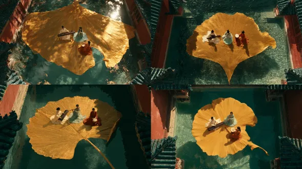 top-down 90-degree view of a square palace pond with clear pale-jade water. one complete 25-meter golden ginkgo leaf floats at center, filling 70% of frame width, radial veins crisp, right edge curled. three classical chinese women sit on it: one in ivory plays a dark wooden guqin, one in mist-cyan plays a bamboo flute, one in ochre-red taps a small drum. vermilion palace walls and deep-teal eaves ring the pool, reflected below. overhead noon light, bright highlights, clean digital cinematic realism