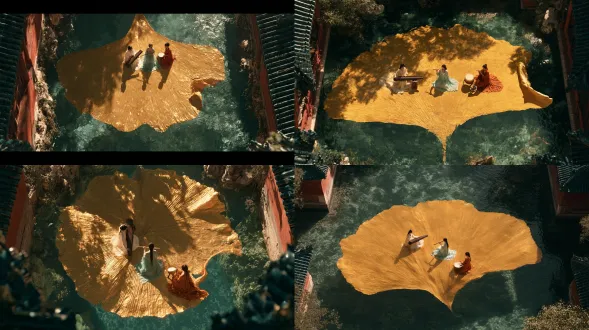 top-down 90-degree view of a square palace pond with clear pale-jade water. one complete 25-meter golden ginkgo leaf floats at center, filling 70% of frame width, radial veins crisp, right edge curled. three classical chinese women sit on it: one in ivory plays a dark wooden guqin, one in mist-cyan plays a bamboo flute, one in ochre-red taps a small drum. vermilion palace walls and deep-teal eaves ring the pool, reflected below. overhead noon light, bright highlights, clean digital cinematic realism