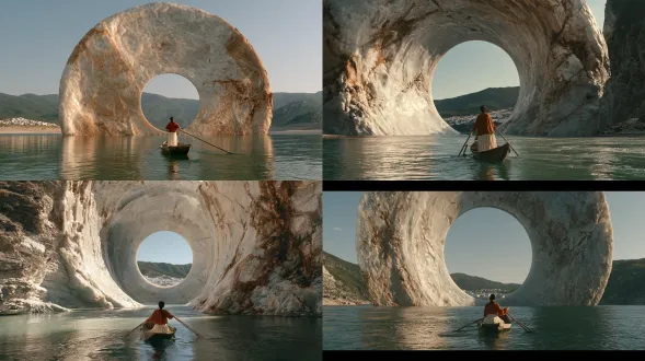 oblique 35mm wide shot from a riverbank. a complete sixty-meter honey-white jade bi disc stands vertically in a pale-green river, its submerged base supporting a circular water gate. distant green mountains and white village walls appear through the opening. a lone chinese woman in an ochre-red blouse and ivory skirt poles a five-meter wooden boat toward it, both hands gripping bamboo. warm afternoon backlight reveals translucent jade edges, brown mineral veins and natural fissures. water reflections fill her shadows; pale-blue sky, clean digital cinematic realism