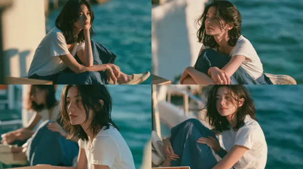 photoreal live-action character still from a summer slice-of-life film, 16:9 horizontal frame. camera one meter above the floor, 50mm lens, full-length seated portrait from her front-right three-quarter angle, entire head and shoes visible. the woman occupies the left third; softly blurred turquoise water provides one-third negative space on the right, with a small wooden table edge in the lower foreground. one 23-year-old east asian woman has an oval face, straight natural brows, dark-brown eyes, natural skin texture and shoulder-length, slightly side-parted black hair. she wears a plain cool-white cotton t-shirt, an ankle-length indigo cotton-linen skirt and ivory flat canvas shoes. having just tucked her hair behind her right ear, she rests both hands on her lap and watches reflected light off-camera left. cool-white 3 p.m. backlight from rear-left outlines her hair; a pale wall provides natural facial bounce. real actress, practical location and wardrobe, arri alexa mini lf, fine 35mm grain with clear saturated 2000s dv color, restrained halation, readable shadows, no readable text