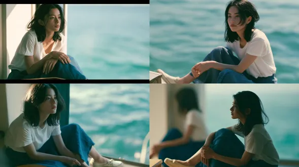 photoreal live-action character still from a summer slice-of-life film, 16:9 horizontal frame. camera one meter above the floor, 50mm lens, full-length seated portrait from her front-right three-quarter angle, entire head and shoes visible. the woman occupies the left third; softly blurred turquoise water provides one-third negative space on the right, with a small wooden table edge in the lower foreground. one 23-year-old east asian woman has an oval face, straight natural brows, dark-brown eyes, natural skin texture and shoulder-length, slightly side-parted black hair. she wears a plain cool-white cotton t-shirt, an ankle-length indigo cotton-linen skirt and ivory flat canvas shoes. having just tucked her hair behind her right ear, she rests both hands on her lap and watches reflected light off-camera left. cool-white 3 p.m. backlight from rear-left outlines her hair; a pale wall provides natural facial bounce. real actress, practical location and wardrobe, arri alexa mini lf, fine 35mm grain with clear saturated 2000s dv color, restrained halation, readable shadows, no readable text
