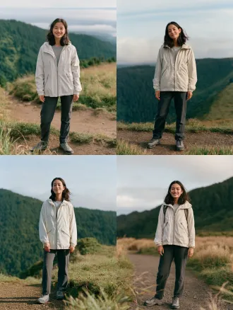 photoreal live-action travel-film still of one adult traveler, full body, vertical 3:4 frame. chest-height level camera, 50mm lens, subject on the left third at three-quarters frame height, head and shoes fully visible, 35% soft meadow and sky negative space to the right, a few blurred grass blades along the bottom edge. an east asian adult around 26, approximately 165cm, slim balanced build, soft oval face, dark brown almond eyes, straight natural eyebrows, gently shaped nose, slightly fuller lower lip, side-parted shoulder-length dark brown hair with loose strands near the ears. off-white matte nylon hooded outdoor jacket, hood resting flat behind the neck, pale gray center zipper closed to chest level, two diagonal zipped hand pockets, elastic cuffs, hip-length hem, light gray crewneck underneath, charcoal straight trousers, gray low-cut lace-up hiking shoes with charcoal soles. they have just stopped on a level dirt path, one foot slightly forward, empty hands relaxed, torso slightly turned, looking toward an offscreen companion to the right, the beginning of a smile. low grass, distant forest-green slopes and thin clouds. soft daylight from front left filtered through cloud, natural sky fill, off-white fabric retaining texture. real actor, practical wardrobe, real nylon weave and worn shoe surfaces, arri alexa mini lf look, subtle 35mm film grain, clear face and wardrobe against a softly separated background, no readable writing.