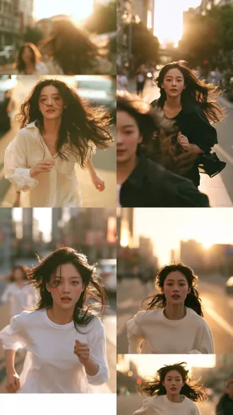 23岁中国年轻女性跑动，中心构图，城市林荫道，暖金逆光，50mm f/1.4镜头，动态模糊发尾，通透自然光，毛孔清晰，脸颊红润，鲜活松弛。