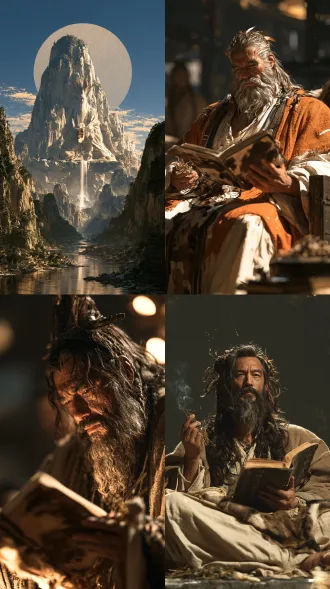 庆都立山石高台，中景构图，身姿肃穆，上古先民面容，羽饰发冠，麻布长袍，持兽皮医书握草药，陶唐山川村落，敦煌壁画质感，矿物颜料色调，淡金柔光，斑驳颗粒感，史诗神圣氛围