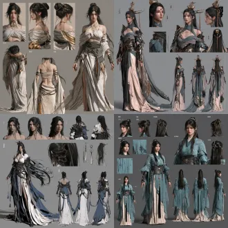 一位古风仙侠风，充满修仙幻想的女子，身高170cm，体重 50kg,包含人脸细节多角度脸型图，服饰特点，发型特点，前、中、后、侧身各角度 全身图